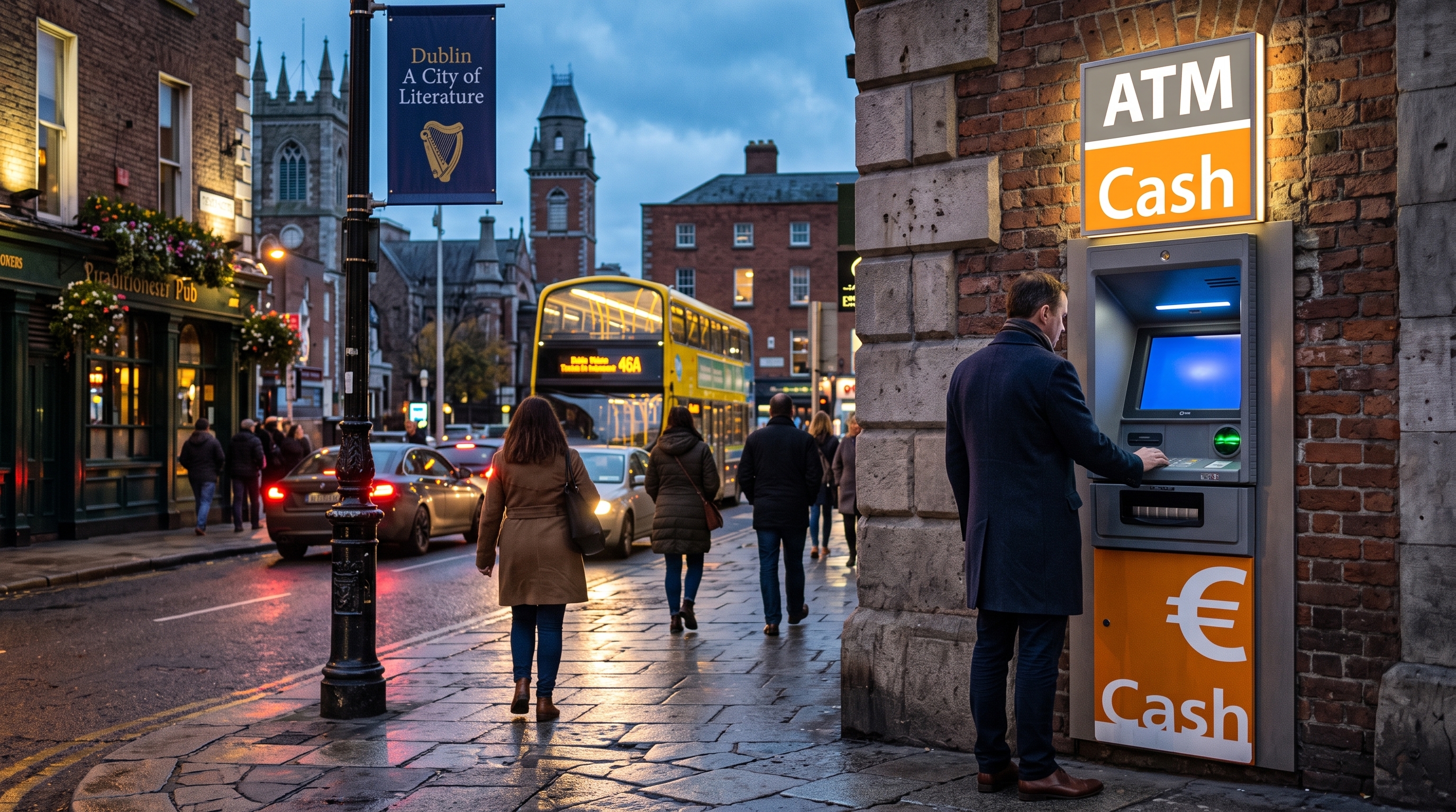 A customer using an ATM on a Dublin street